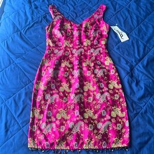 Pink Jacquard Print Dress with Beaded Hemline